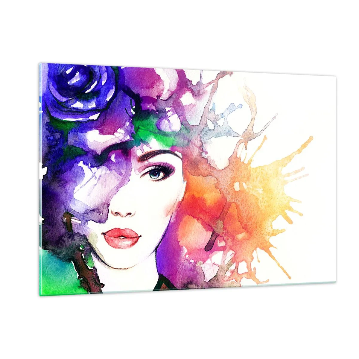 Glasbild - Bild auf glas - Eine Frau mit unscharfem, buntem Hintergrund im Aquarellstil - 120x80cm - Mit dem Kopf in den Wolken - Moderne Wanddekoration für Wohnzimmer und Schlafzimmer ARTTOR