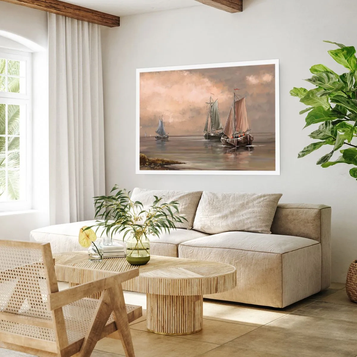 Poster - Segelboote auf ruhigem Meer in pastellfarbener Umgebung - 100x70cm - Die Rückkehr der Matrosen - Moderne Wanddekoration für Wohnzimmer und Schlafzimmer ARTTOR