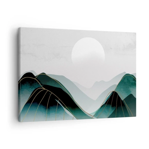 Bild auf Leinwand - Leinwandbild - Abstrakte Berglandschaft mit Mond und goldenen Linien - 70x50cm - In voller Majestät - Moderne Wanddekoration für Wohnzimmer und Schlafzimmer ARTTOR