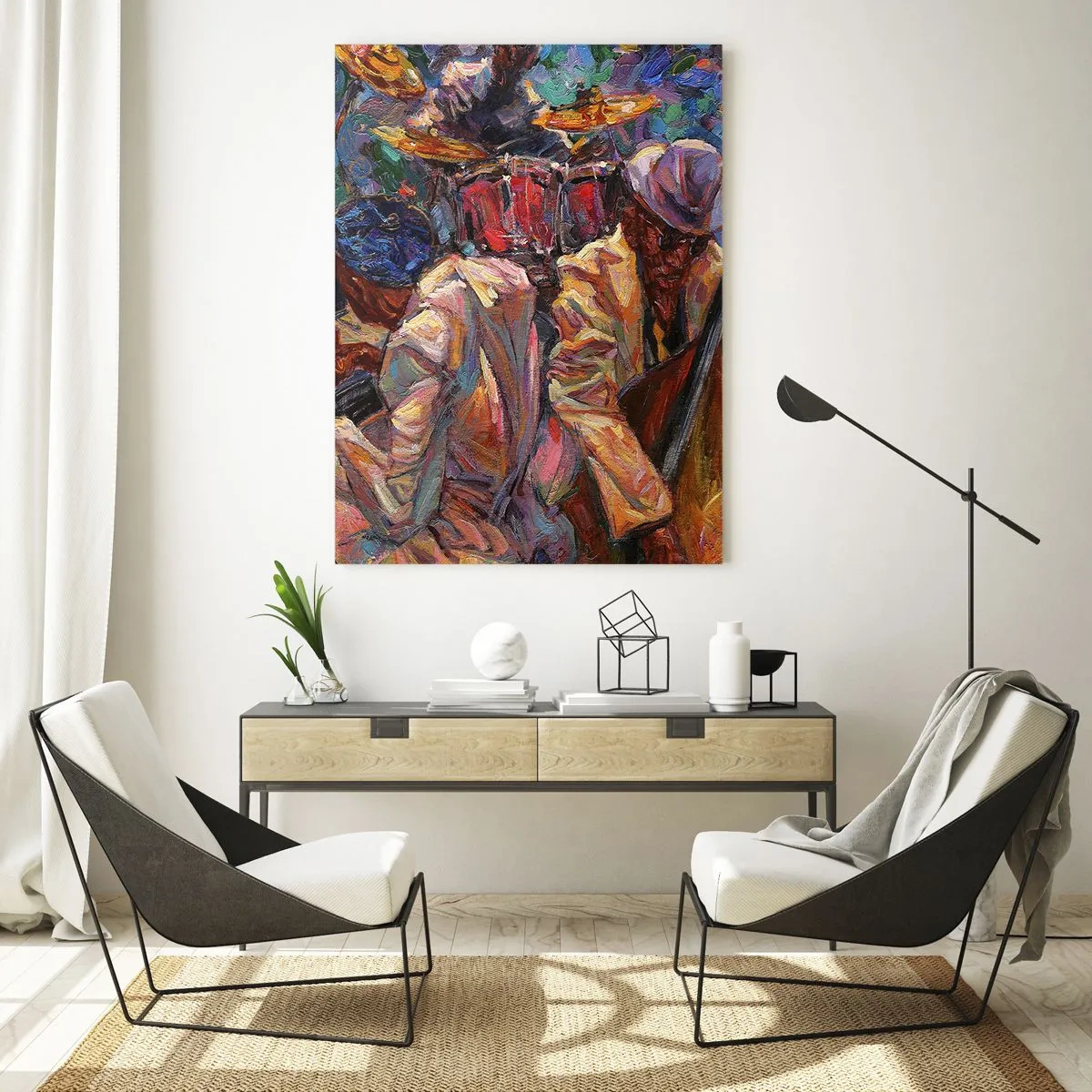 Glasbild - Bild auf glas - Energetische Jazzszene mit Musikern und Instrumenten - 70x100cm - In einem Schlag - Moderne Wanddekoration für Wohnzimmer und Schlafzimmer ARTTOR