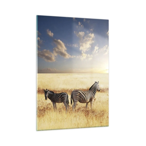 Glasbild - Bild auf glas - Zwei Zebras in der Savanne bei Sonnenuntergang - 50x70cm - Geh weg, sei nicht in Frieden - Moderne Wanddekoration für Wohnzimmer und Schlafzimmer ARTTOR