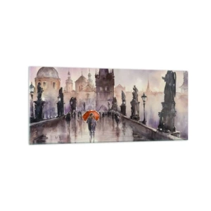 Glasbild - Bild auf glas - Romantischer Blick auf eine Brücke mit einem Regenschirm vor der Kulisse einer abendlichen Stadt - 120x50cm - Leute verändern sich nicht - Moderne Wanddekoration für Wohnzimmer und Schlafzimmer ARTTOR