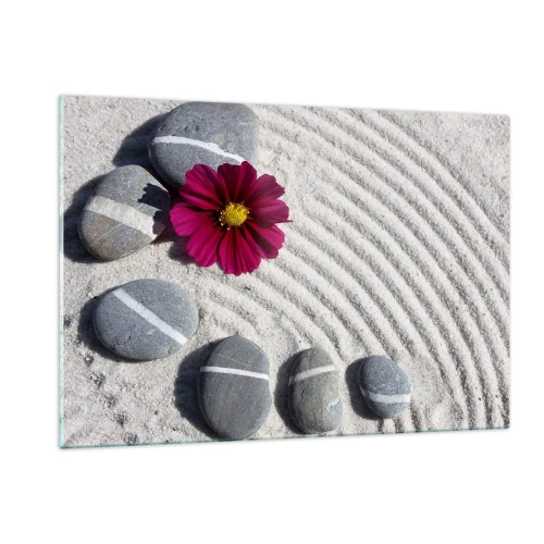 Glasbild - Bild auf glas - Steine mit weißen Streifen und einer lila Blume auf dem Sand im Zen-Stil - 120x80cm - Energie und Ruhe des Zauberkreises der Natur - Moderne Wanddekoration für Wohnzimmer und Schlafzimmer ARTTOR