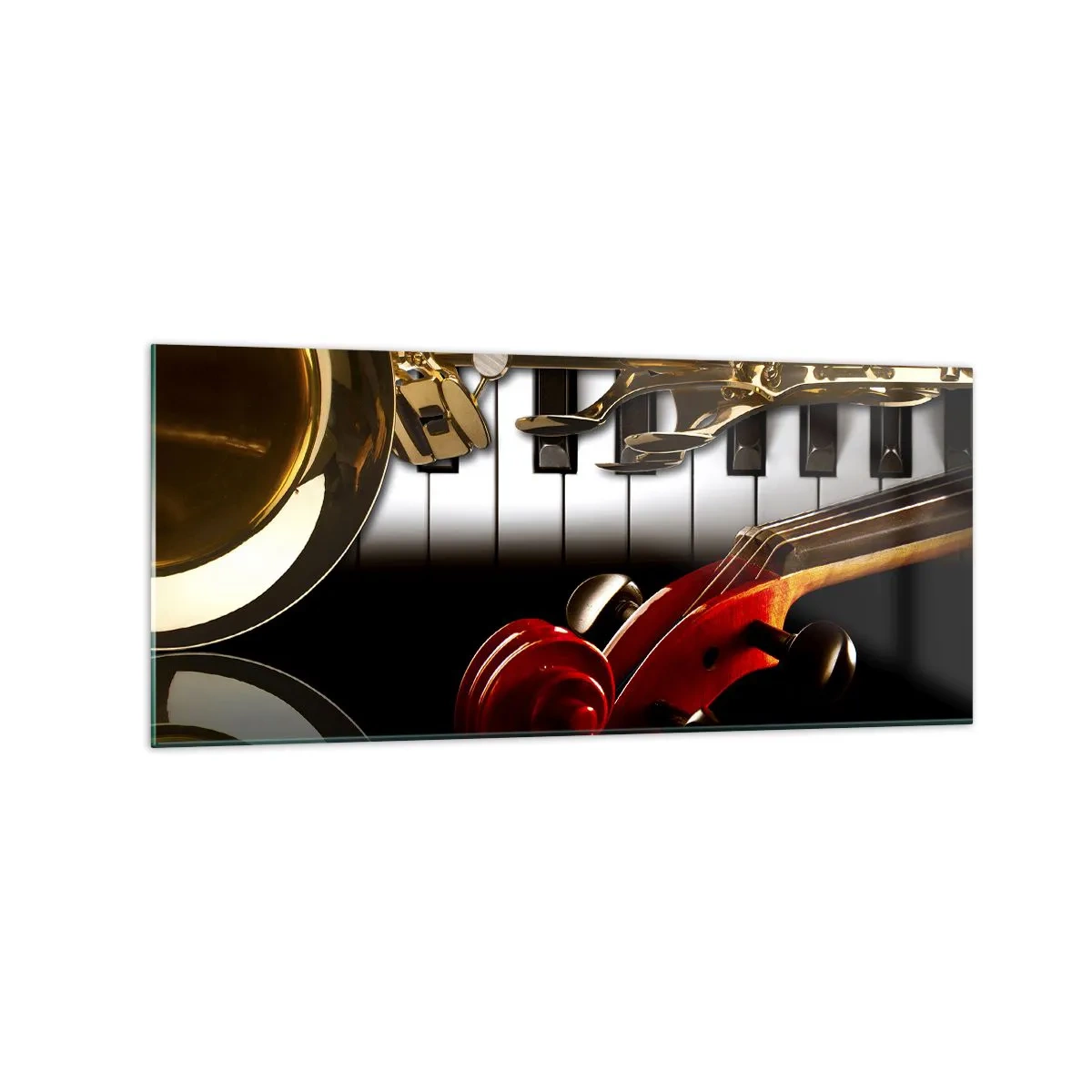 Glasbild - Bild auf glas - Ein goldenes Saxophon, Klaviertasten und eine rote Geige - 120x50cm - Blech, Holz und Elfenbein - Moderne Wanddekoration für Wohnzimmer und Schlafzimmer ARTTOR