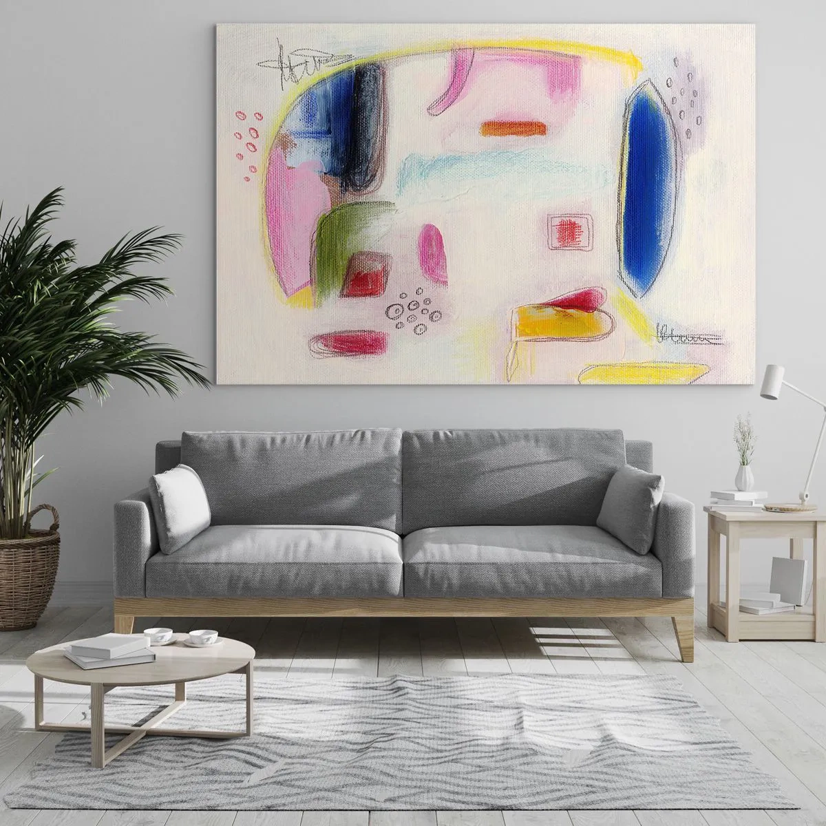 Glasbild - Bild auf glas - Farbenfrohe Abstraktion mit geometrischen Formen und Pastelltönen - 70x50cm - Eher konvex als konkav oder flach - Moderne Wanddekoration für Wohnzimmer und Schlafzimmer ARTTOR