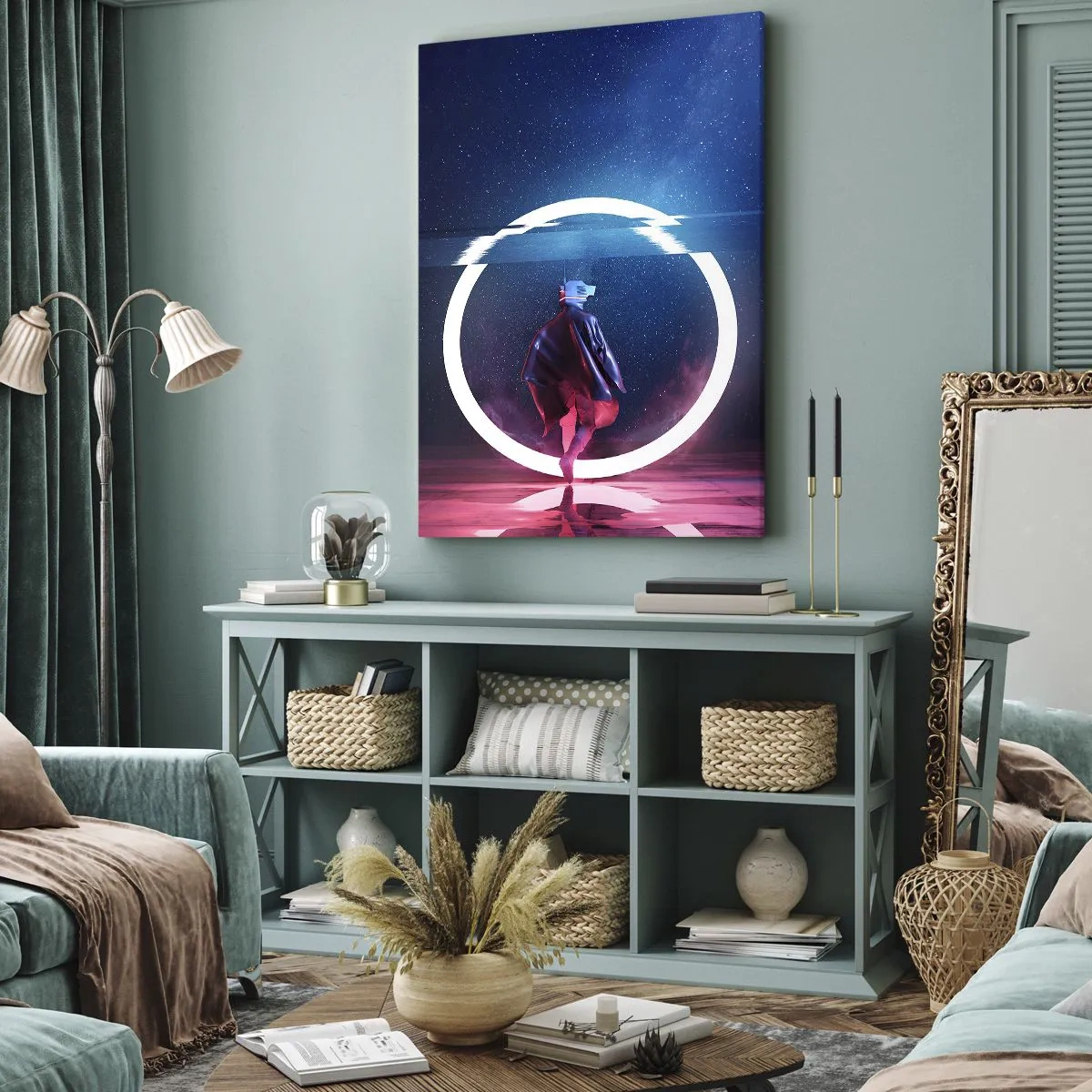 Bild auf Leinwand - Leinwandbild - Eine Figur in einer futuristischen Umgebung mit einem Neonkreis - 50x70cm - Zwischen den Welten - Moderne Wanddekoration für Wohnzimmer und Schlafzimmer ARTTOR