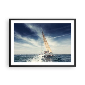 Poster in einem schwarzem Rahmen - Ein Segelboot auf stürmischer See unter blauem Himmel - 70x50cm - Sie werden uns nicht einholen! - Moderne Wanddekoration für Wohnzimmer und Schlafzimmer ARTTOR