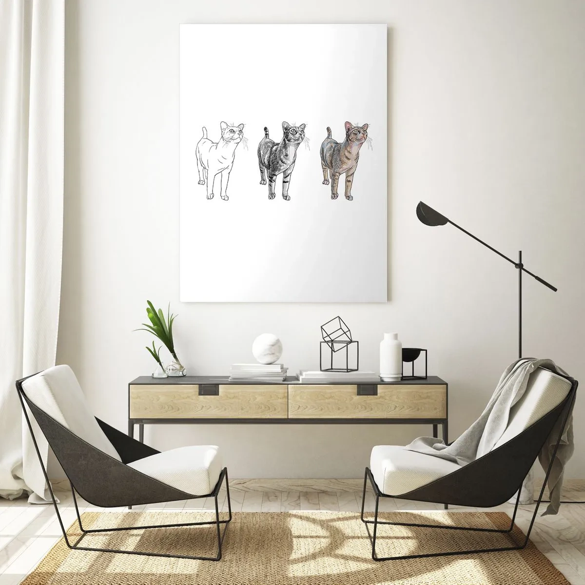 Glasbild - Bild auf glas - Die Entwicklung einer Katze von der Skizze zur Farbillustration - 50x70cm - Zeichenunterricht - Moderne Wanddekoration für Wohnzimmer und Schlafzimmer ARTTOR
