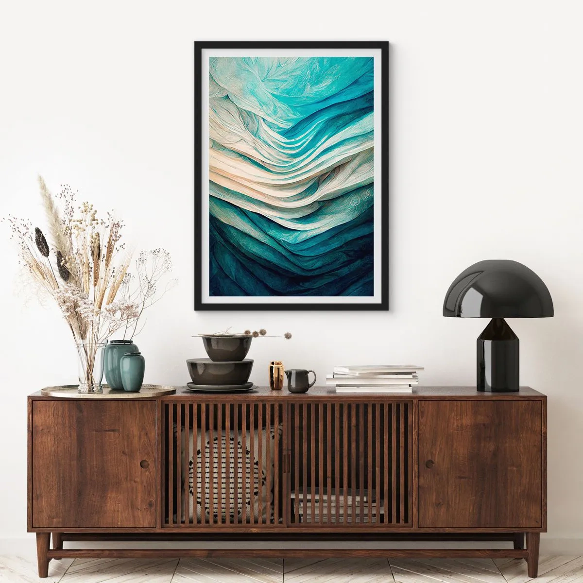 Poster in einem schwarzem Rahmen - Abstrakte Wellenkomposition in Blau- und Beigetönen - 50x70cm - Blaue Unersättlichkeit - Moderne Wanddekoration für Wohnzimmer und Schlafzimmer ARTTOR