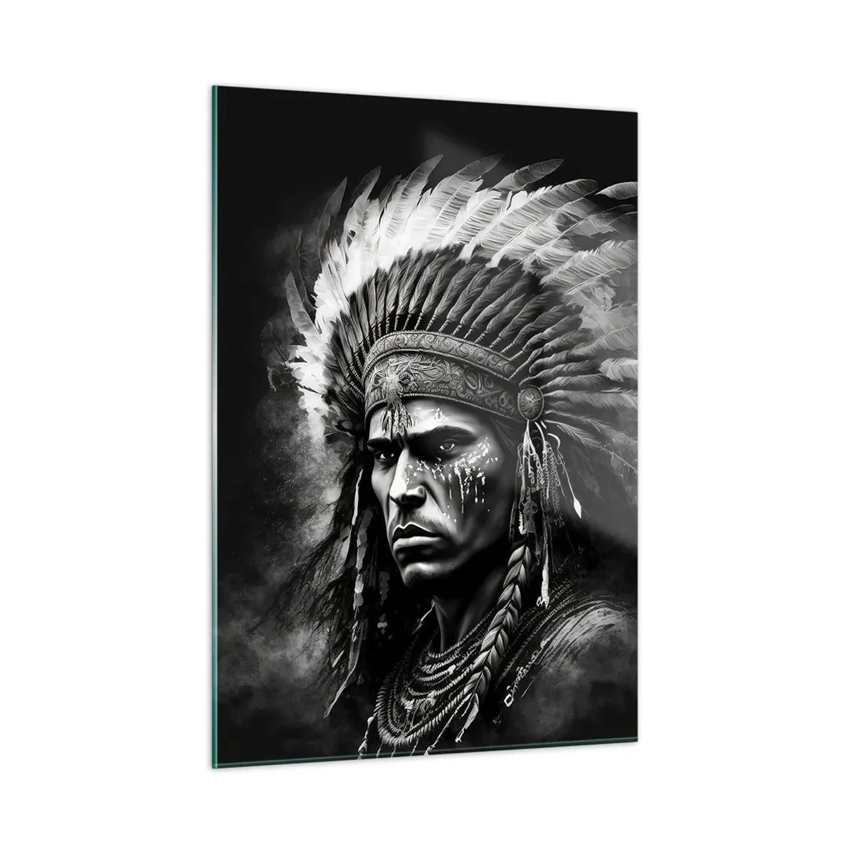Glasbild - Bild auf glas - Schwarz-Weiß-Porträt eines Kriegers mit Federkopfschmuck - 50x70cm - Anführer und Krieger - Moderne Wanddekoration für Wohnzimmer und Schlafzimmer ARTTOR