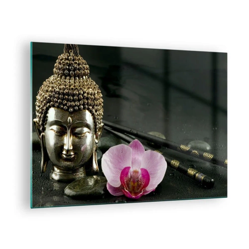 Glasbild - Bild auf glas - Buddhistischer Kopf mit einer rosa Blume auf einem Hintergrund aus Steinen - 70x50cm - Harmonie von Weisheit und Schönheit - Moderne Wanddekoration für Wohnzimmer und Schlafzimmer ARTTOR