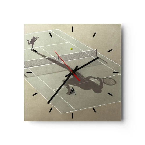 Wanduhr - Glasuhr - Der Schatten eines Tennisspielers auf dem Platz während eines Tennisspiels - 30x30cm - Überwinde dich selbst - Moderne Wanddekoration für Wohnzimmer und Schlafzimmer ARTTOR
