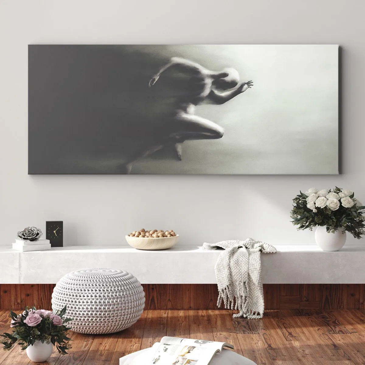 Bild auf Leinwand - Leinwandbild - Eine schwarz-weiße Silhouette einer laufenden Figur in einem dynamischen und surrealen Stil. - 160x50cm - Unwiderstehlich - Moderne Wanddekoration für Wohnzimmer und Schlafzimmer ARTTOR
