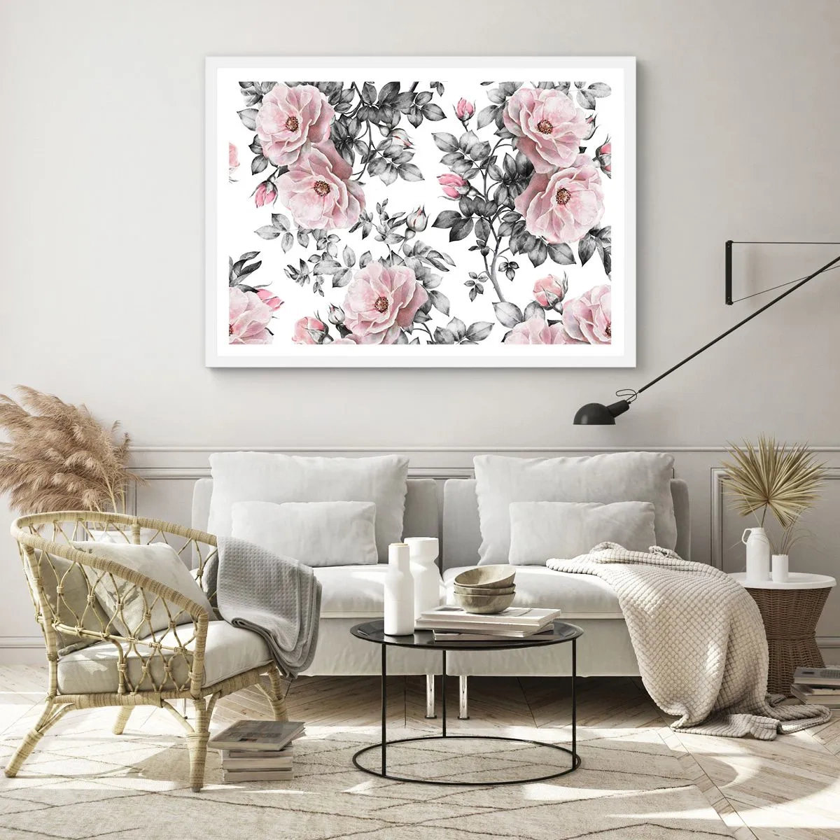 Poster in einem weißen Rahmen - Verliere dich in den Blüten der Rosen - 91x61 cm