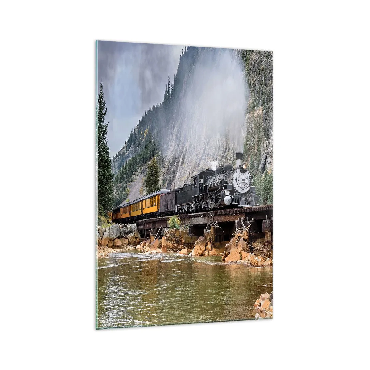 Glasbild - Bild auf glas - Eine Dampflokomotive auf einer Brücke in einer malerischen Berglandschaft - 70x100cm - Wo willst du hin? Wohin? - Moderne Wanddekoration für Wohnzimmer und Schlafzimmer ARTTOR