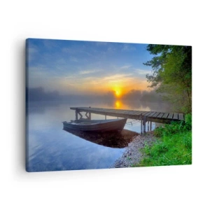 Bild auf Leinwand - Leinwandbild - Ein Seesteg bei Sonnenaufgang mit einem Boot am Ufer - 70x50cm - Wie aus Gewöhnlichem Magie wird - Moderne Wanddekoration für Wohnzimmer und Schlafzimmer ARTTOR