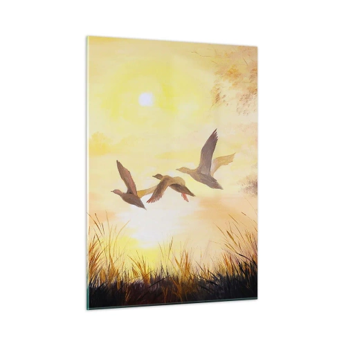 Glasbild - Bild auf glas - Drei Enten fliegen bei Sonnenaufgang über einen See - 50x70cm - Der Beginn einer langen Reise - Moderne Wanddekoration für Wohnzimmer und Schlafzimmer ARTTOR