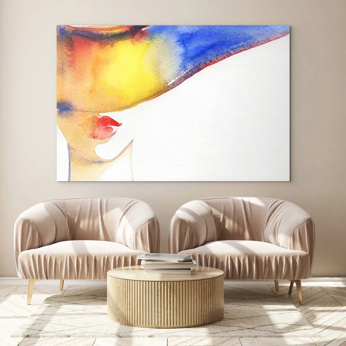 Glasbild - Bild auf glas - Porträt einer Frau in farbenfroher Aquarell-Abstraktion - 70x50cm - Bildnis einer Dame - Moderne Wanddekoration für Wohnzimmer und Schlafzimmer ARTTOR