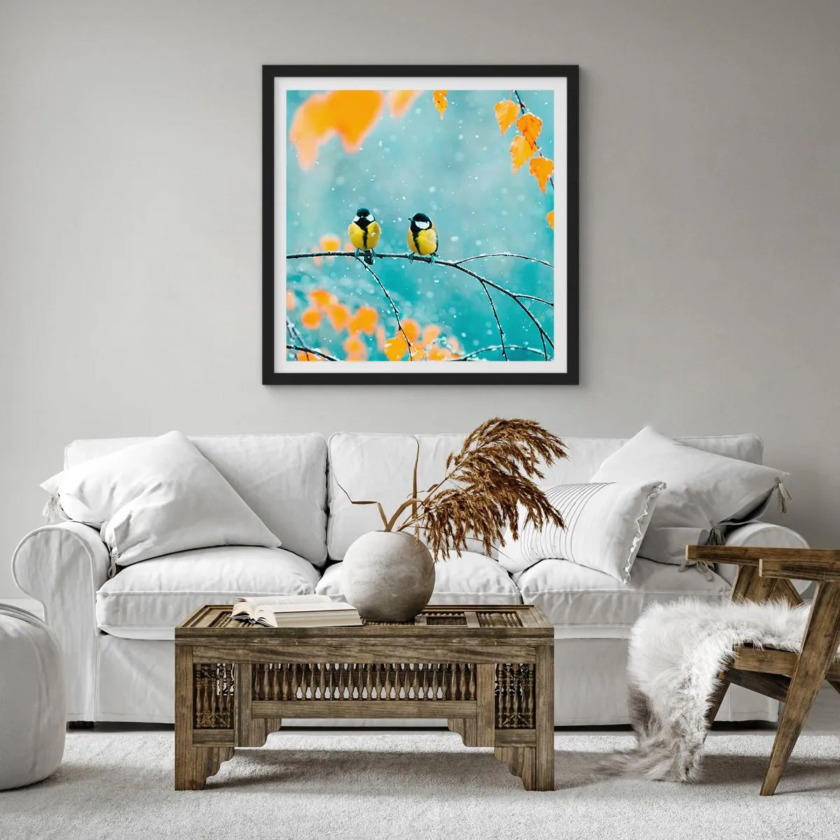 Poster in einem schwarzem Rahmen - Vogelklatsch - 30x30 cm