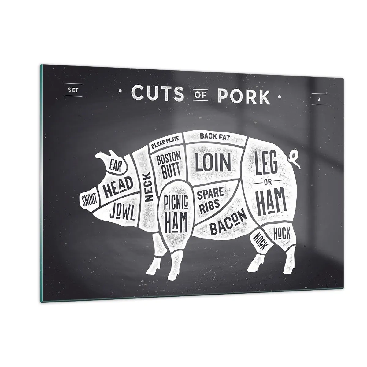Glasbild - Bild auf glas - Diagramm von Schweinefleischstücken auf einer schwarzen Tafel - 120x80cm - Metzger Grundierung - Moderne Wanddekoration für Wohnzimmer und Schlafzimmer ARTTOR