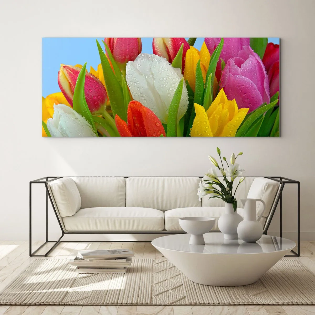 Glasbild - Bild auf glas - Ein blumiger Regenbogen in Tautropfen - 90x30 cm