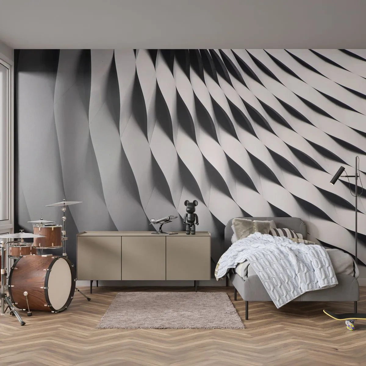 Fototapete Premium Sand - Moderne Struktur mit wellenförmigem Grundriss in Schwarz und Weiß - 100x70cm - Auf der Oberfläche der Wellen - Moderne Wanddekoration für Wohnzimmer und Schlafzimmer ARTTOR