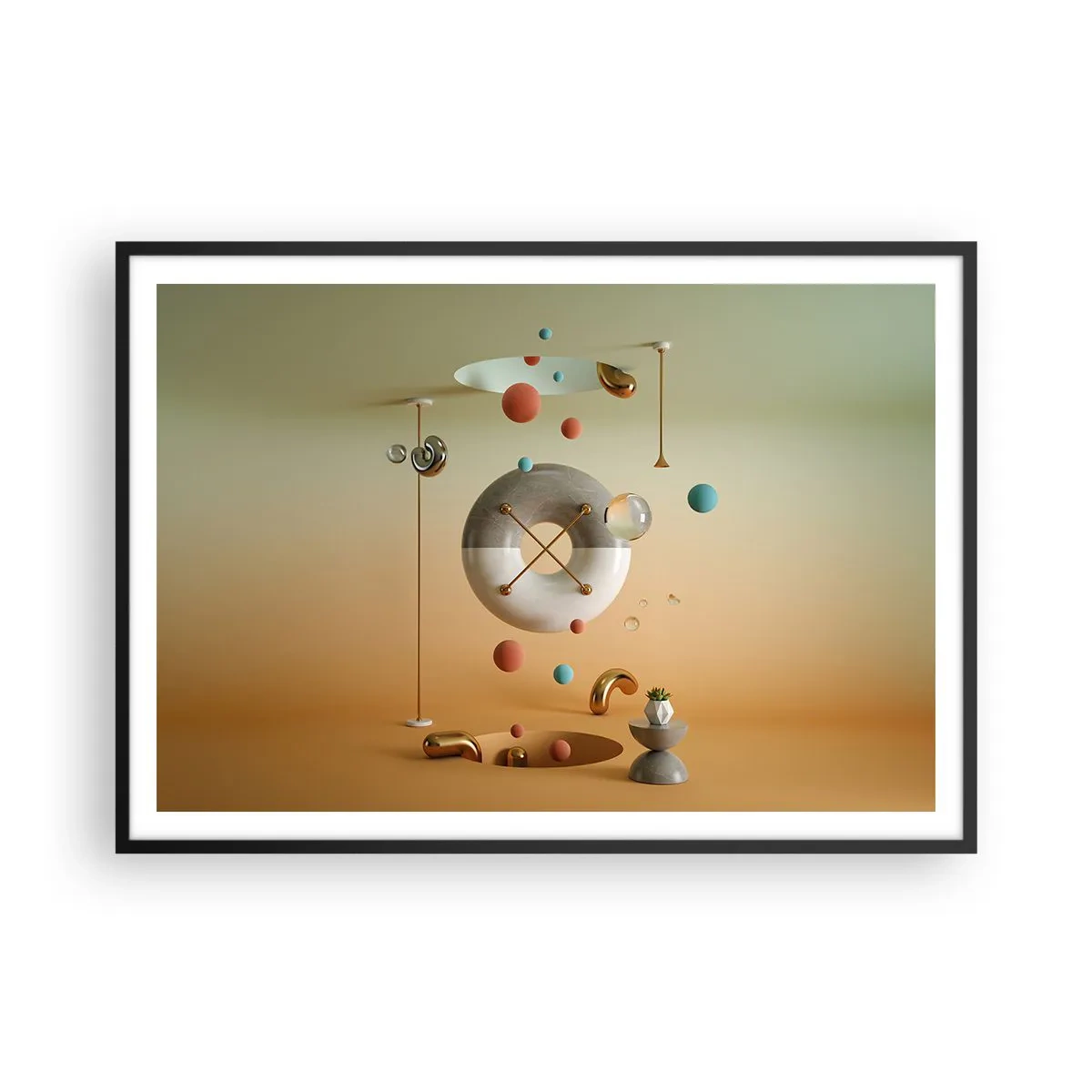 Poster in einem schwarzem Rahmen - Geometrische Figuren in Pastellfarben in surrealistischer Anordnung - 100x70cm - Alles kann passieren - Moderne Wanddekoration für Wohnzimmer und Schlafzimmer ARTTOR