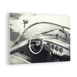 Glasbild - Bild auf glas - Oldtimer-Cockpit in Schwarz und Weiß - 70x50cm - Wetter für die Reichen - Moderne Wanddekoration für Wohnzimmer und Schlafzimmer ARTTOR