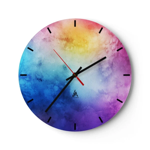 Wanduhr - Glasuhr - Ein farbenfroher Farbverlauf, der von Blau, Lila und Gelb dominiert wird. - 30x30cm - Fast auf Wolke sieben - Moderne Wanddekoration für Wohnzimmer, Küche und Schlafzimmer ARTTOR