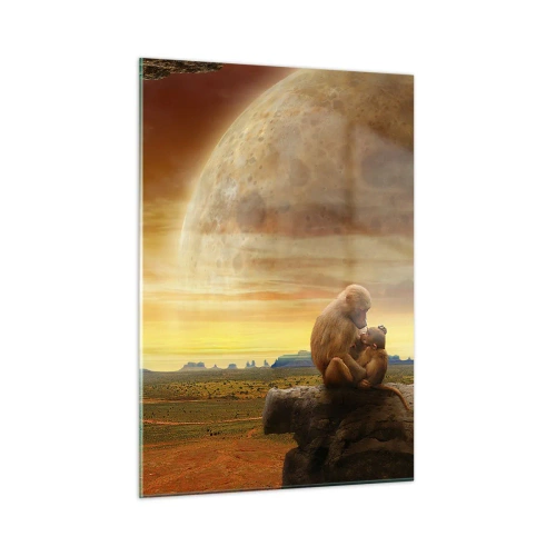 Glasbild - Bild auf glas - Affen sitzen auf einem Felsen mit einem riesigen Mond im Hintergrund - 50x70cm - Die Liebe ist überall gleich - Moderne Wanddekoration für Wohnzimmer und Schlafzimmer ARTTOR