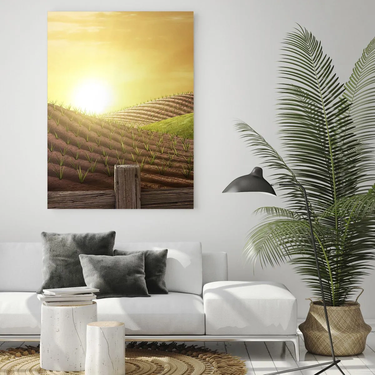 Glasbild - Bild auf glas - Ländliche Landschaft mit einer roten Scheune, Traktor und Sonnenaufgang - 80x120cm - Ein Bauernhof wie aus einem Märchen - Moderne Wanddekoration für Wohnzimmer und Schlafzimmer ARTTOR