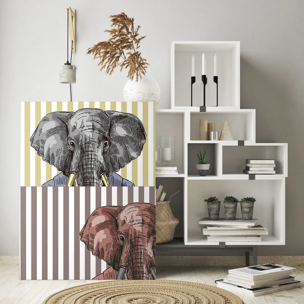 Glasbild - Bild auf glas - Ein Elefant im Anzug vor einem Hintergrund aus beigen Streifen - 70x100cm - Von Natur aus elegant - Moderne Wanddekoration für Wohnzimmer und Schlafzimmer ARTTOR