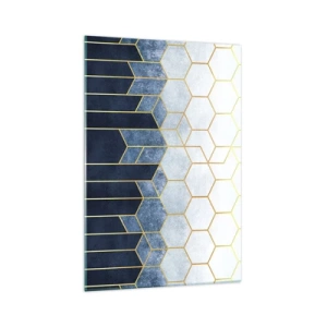 Glasbild - Bild auf glas - Geometrisches Muster in Gold- und Marineblautönen - 70x100cm - Komposition im synkopischen Rhythmus - Moderne Wanddekoration für Wohnzimmer und Schlafzimmer ARTTOR