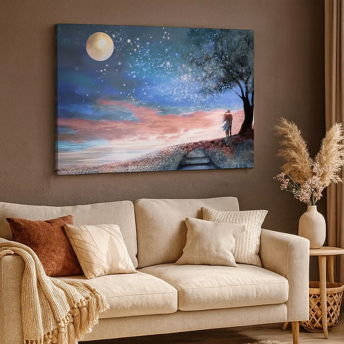 Bild auf Leinwand - Leinwandbild - Romantische Paarszene unter Vollmond - 70x50cm - Ein sternenklares Spektakel - Moderne Wanddekoration für Wohnzimmer und Schlafzimmer ARTTOR