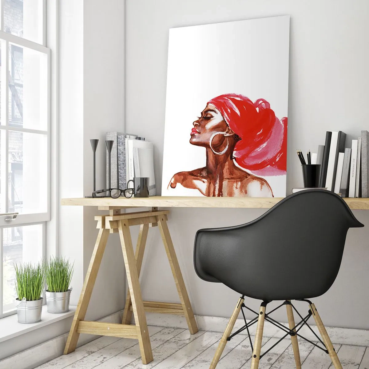 Glasbild - Bild auf glas - Aquarellporträt einer Frau mit rotem Turban - 50x70cm - Es weht ein Wind, der die Nase eines Mannes öffnet - Moderne Wanddekoration für Wohnzimmer und Schlafzimmer ARTTOR