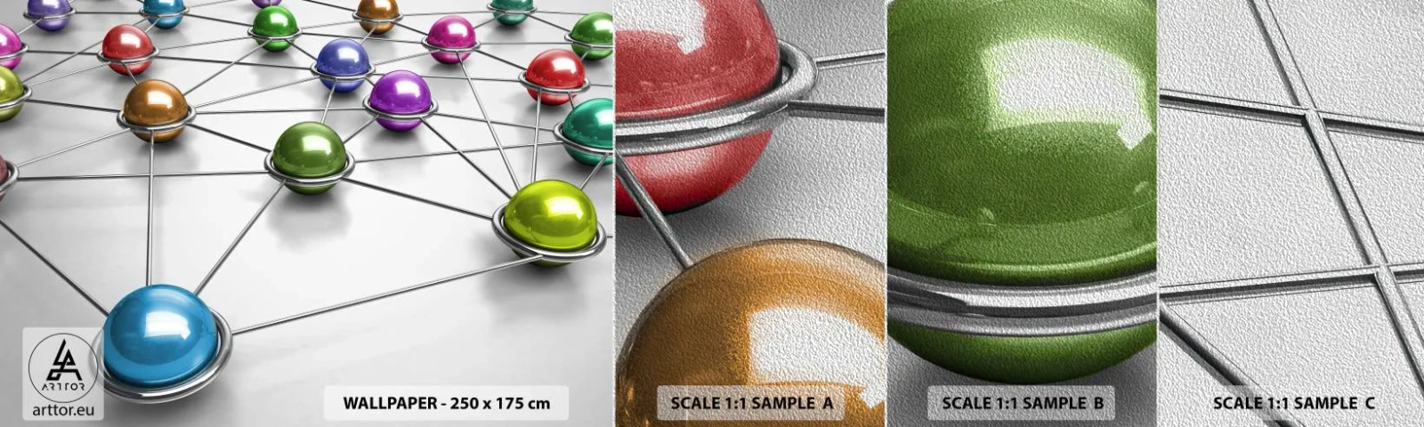 Fototapeten Muster Premium Sand - Kosmisches Spinnennetz - Abstraktion, Metallkugeln, 3D - 100x30 cm