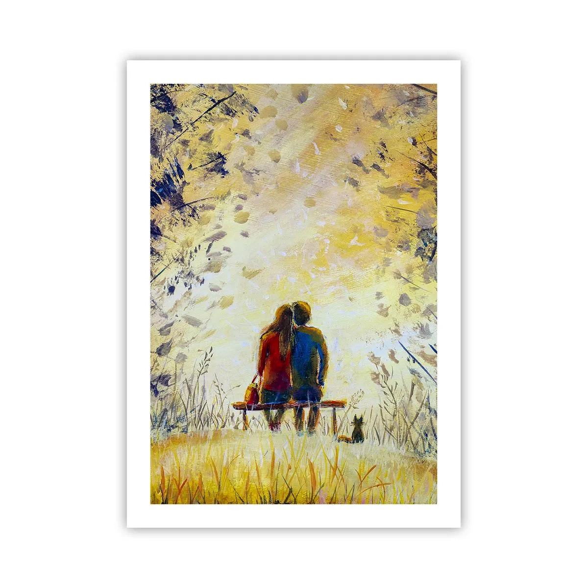 Poster - Ein Paar sitzt bei Sonnenuntergang auf einer Bank inmitten herbstlicher Farben - 50x70cm - Magischer Augenblick - Moderne Wanddekoration für Wohnzimmer und Schlafzimmer ARTTOR