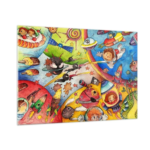 Glasbild - Bild auf glas - Eine farbenfrohe Illustration eines Weltraumabenteuers für Kinder - 100x70cm - Tolles Weltraumabenteuer - Moderne Wanddekoration für Wohnzimmer und Schlafzimmer ARTTOR