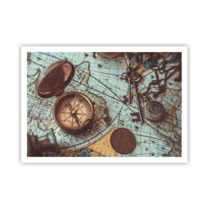 Poster - Komposition mit Kompass, Schlüsseln und einer alten Karte im Retro-Stil - 100x70cm - Für den Abenteurer - Moderne Wanddekoration für Wohnzimmer und Schlafzimmer ARTTOR