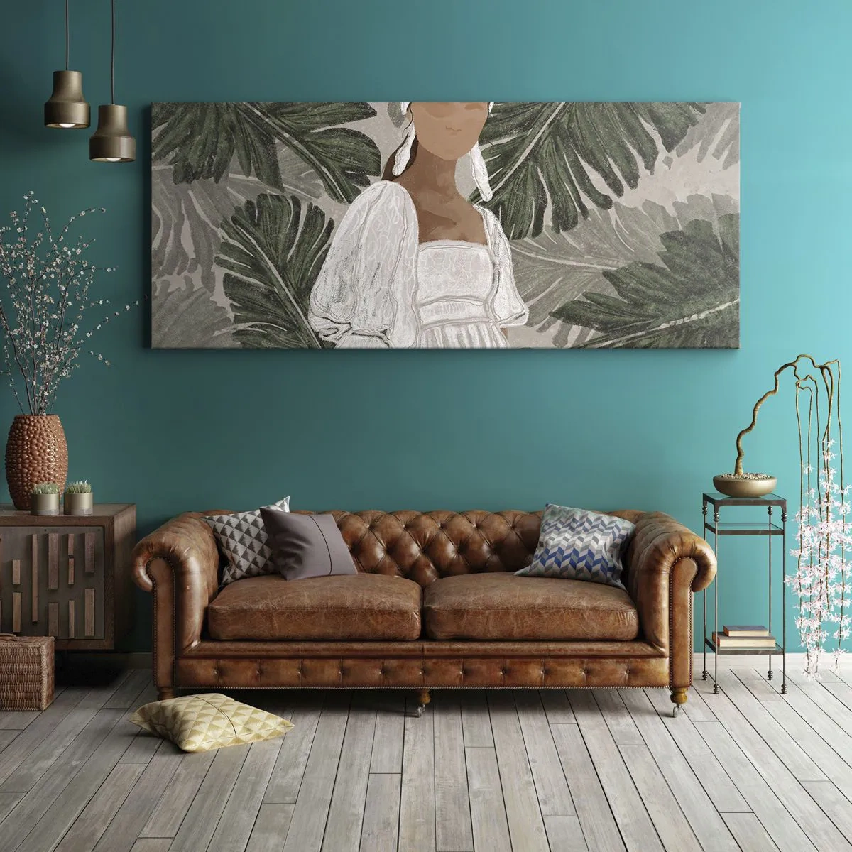 Bild auf Leinwand - Leinwandbild - Porträt einer Frau in einem weißen Kleid vor einem Hintergrund aus Monstera-Blättern - 140x50cm - Exotisches Porträt - Moderne Wanddekoration für Wohnzimmer und Schlafzimmer ARTTOR