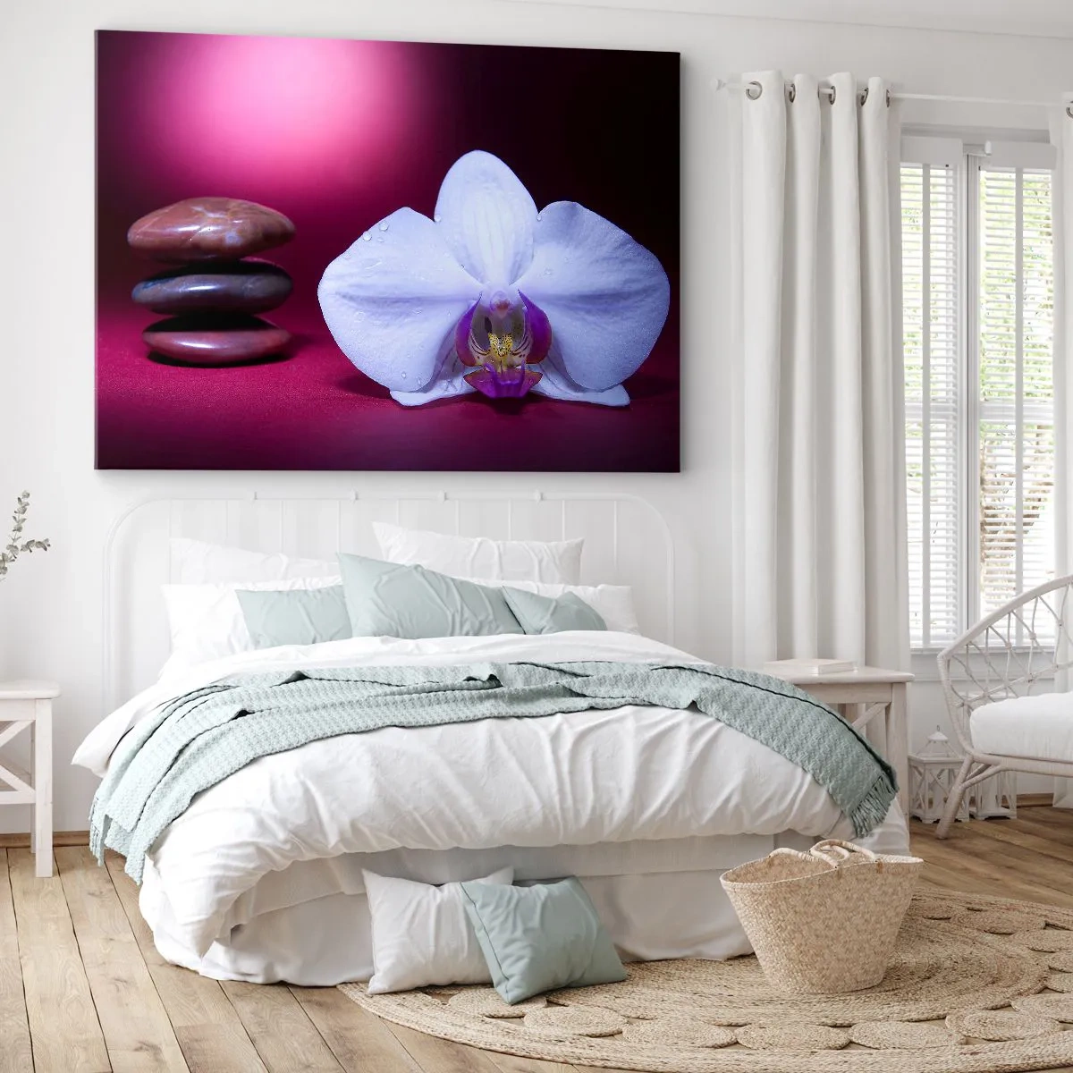 Bild auf Leinwand - Leinwandbild - Weiße Orchidee und Steine auf rosa Hintergrund - 70x50cm - Eine Studie der Frische in Lila - Moderne Wanddekoration für Wohnzimmer und Schlafzimmer ARTTOR