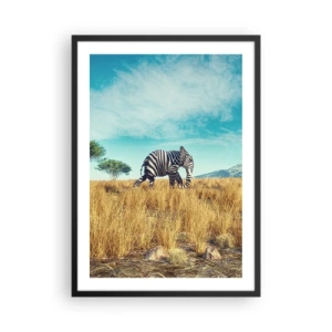 Poster in einem schwarzem Rahmen - Ein Zebra mit Elefantenkörper vor der Kulisse der afrikanischen Savanne - 50x70cm - Grau ist nicht mehr in Mode - Moderne Wanddekoration für Wohnzimmer und Schlafzimmer ARTTOR