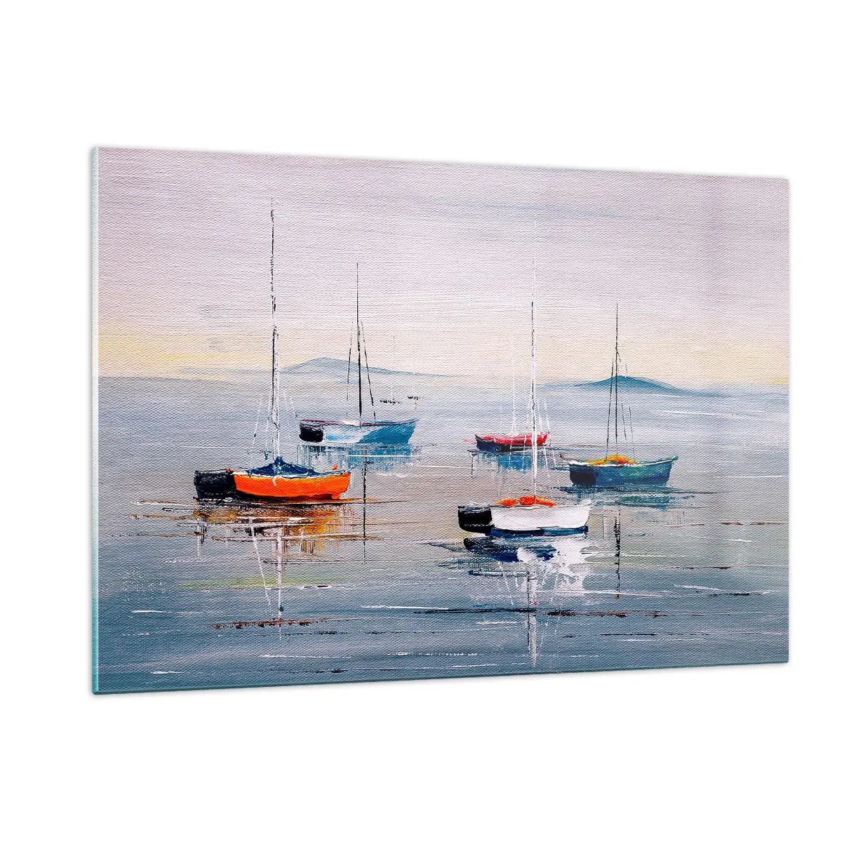 Glasbild - Bild auf glas - Bunte Boote treiben bei Sonnenuntergang auf dem ruhigen Wasser - 120x80cm - Wohlverdiente Ruhe - Moderne Wanddekoration für Wohnzimmer und Schlafzimmer ARTTOR