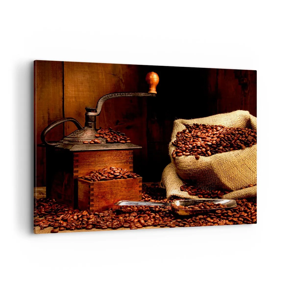 Bild auf Leinwand - Leinwandbild - Eine alte Kaffeemühle mit Bohnen und einer Tasche im rustikalen Stil. - 100x70cm - Stillleben mit Kaffeebohnen und einer Mühle - Moderne Wanddekoration für Wohnzimmer und Schlafzimmer ARTTOR