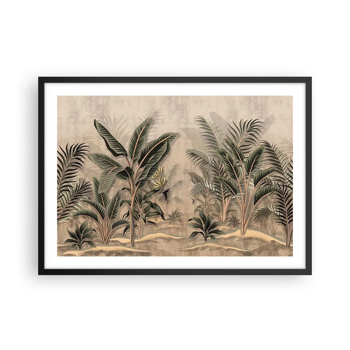 Poster in einem schwarzem Rahmen - Palmen und tropische Vegetation in Grüntönen auf beigem Hintergrund - 70x50cm - Eine Gravur im Kolonialstil - Moderne Wanddekoration für Wohnzimmer und Schlafzimmer ARTTOR