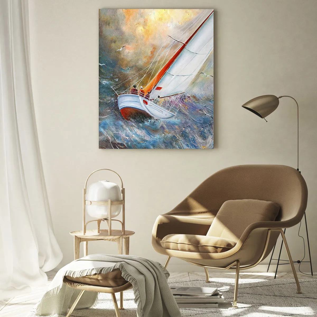 Glasbild - Bild auf glas - Segelboote auf rauen Wellen in einer dynamischen Komposition - 70x100cm - Durch die Wellen laufend - Moderne Wanddekoration für Wohnzimmer und Schlafzimmer ARTTOR