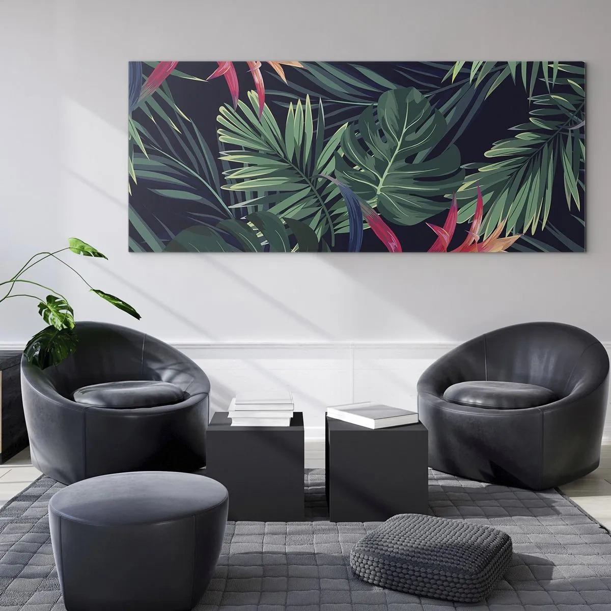 Glasbild - Bild auf glas - Tropische Blätter und Blüten auf dunklem Hintergrund - 160x50cm - Im Grünen in Flammen gehen - Moderne Wanddekoration für Wohnzimmer und Schlafzimmer ARTTOR