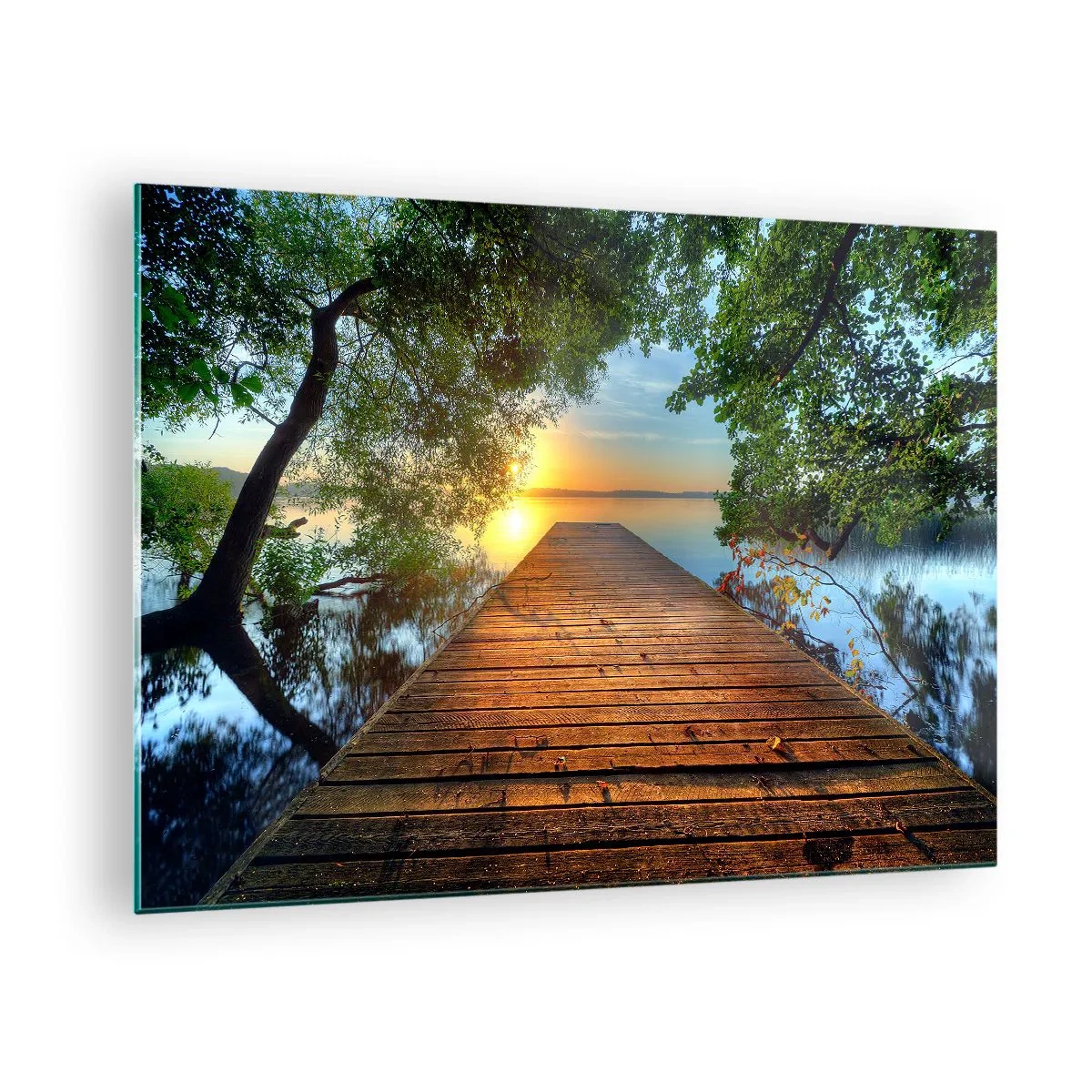 Glasbild - Bild auf glas - Holzsteg über dem See bei Sonnenuntergang - 70x50cm - Nimm dir Zeit, setz dich hin - Moderne Wanddekoration für Wohnzimmer und Schlafzimmer ARTTOR