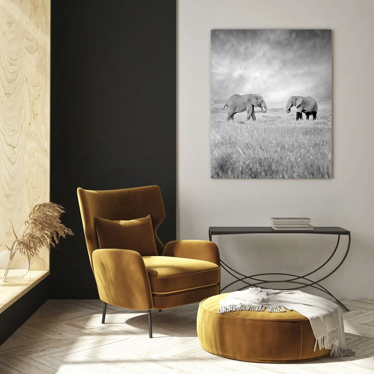 Glasbild - Bild auf glas - Zwei Elefanten in der Savanne in Schwarz-Weiß-Tönen - 50x70cm - Grau ist schön - Moderne Wanddekoration für Wohnzimmer und Schlafzimmer ARTTOR