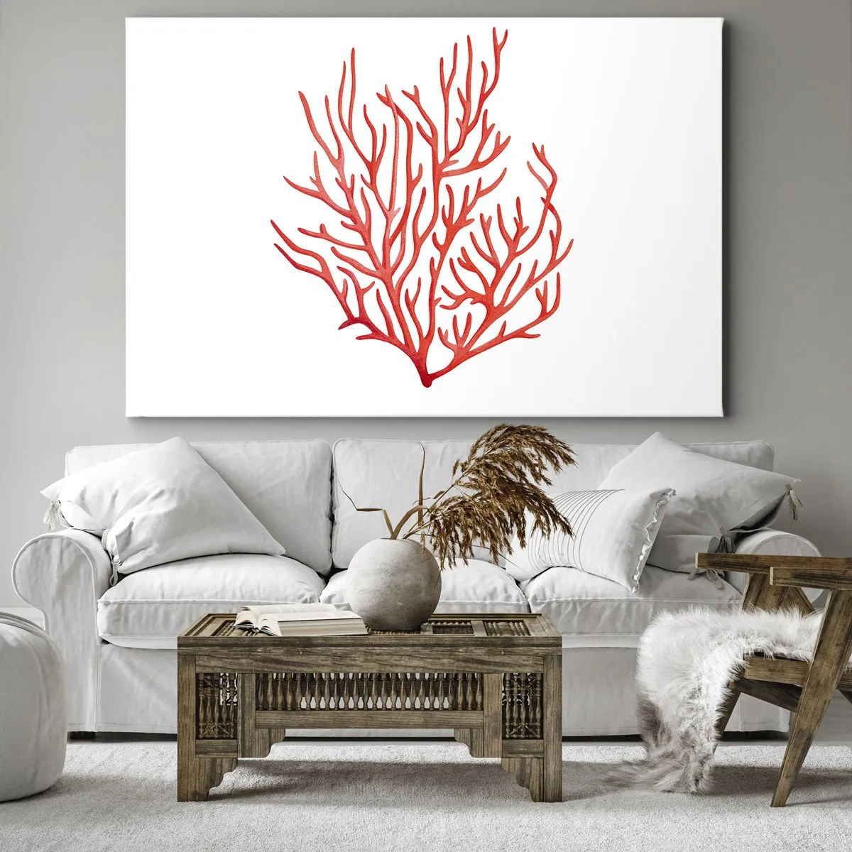 Bild auf Leinwand - Leinwandbild - Rote Koralle auf weißem Hintergrund im minimalistischen Stil - 70x50cm - Korallenfiligran - Moderne Wanddekoration für Wohnzimmer und Schlafzimmer ARTTOR